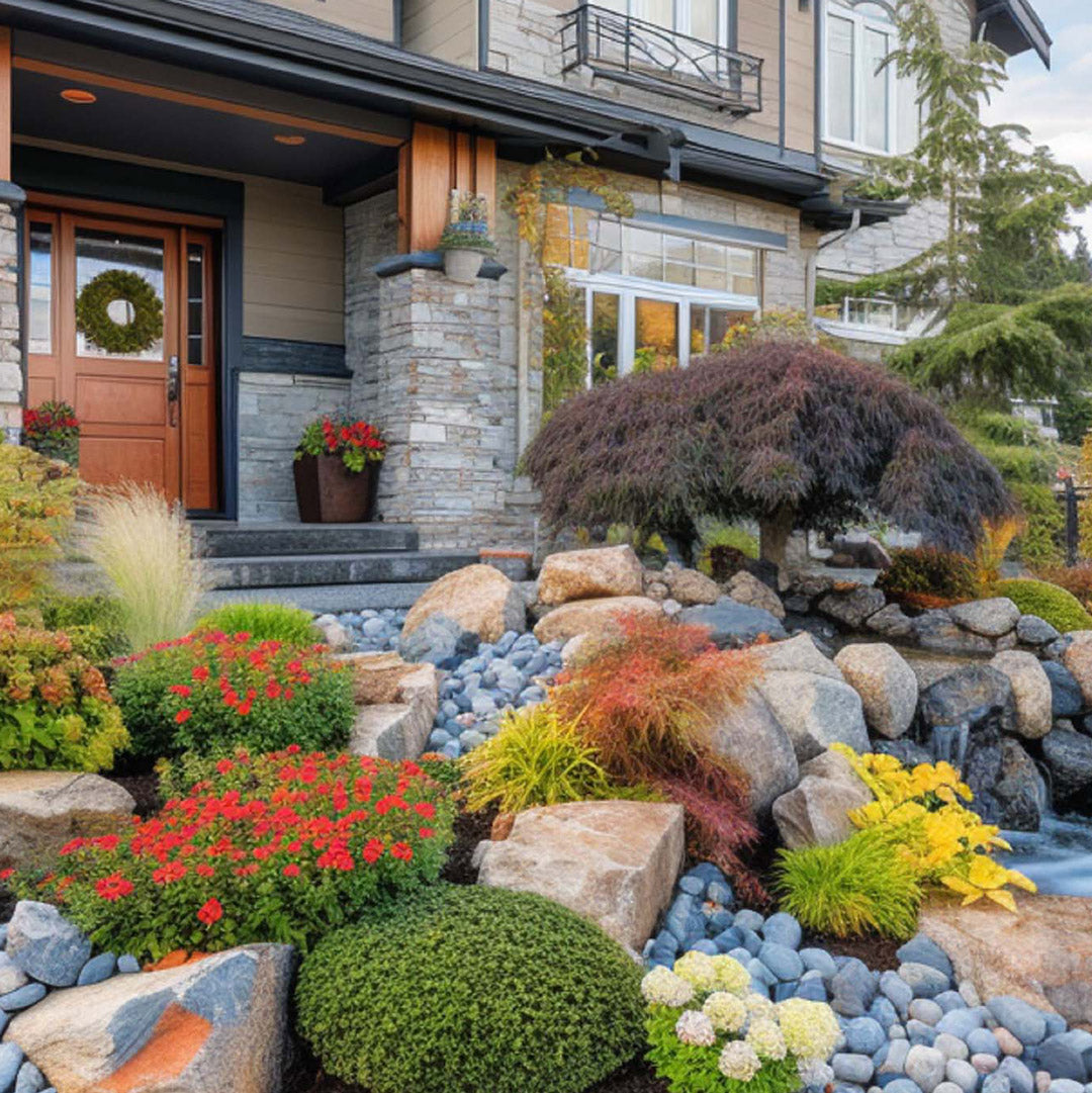 Front garden with decorative stones and plants