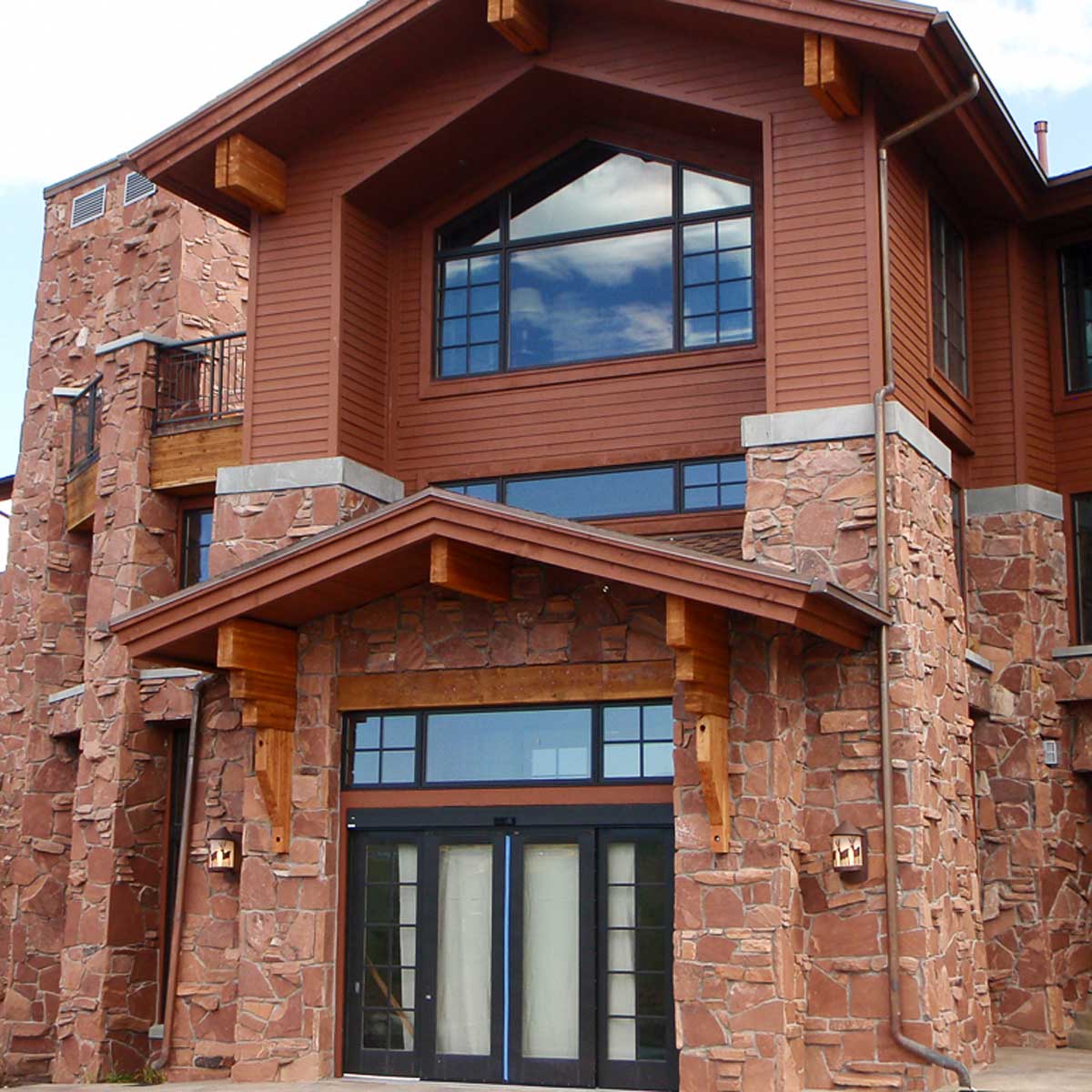 Two-story building with stone veneer exterior
